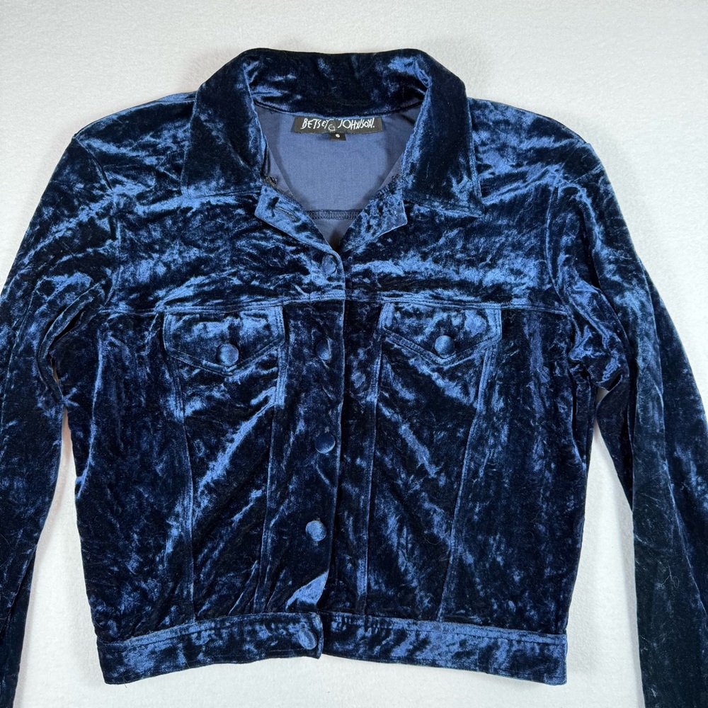 Vintage 90s Y2K Betsey Johnson Midnight Blue Crushed Velvet Cropped Jacket Sz6